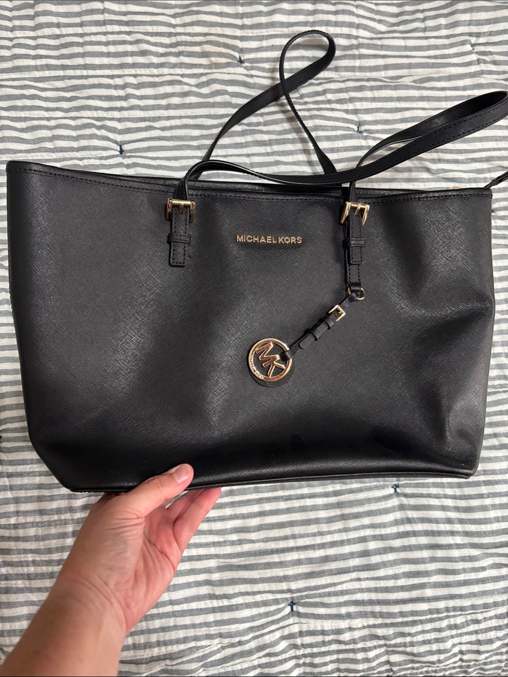 Michael Kors Black Leather Tote with Gold Hardware